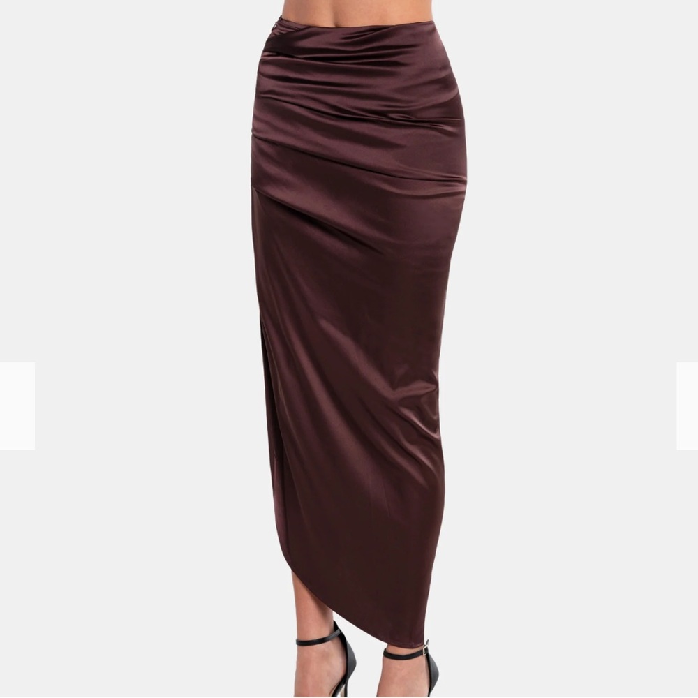 Chocolate Brown Satin Midi Skirt
